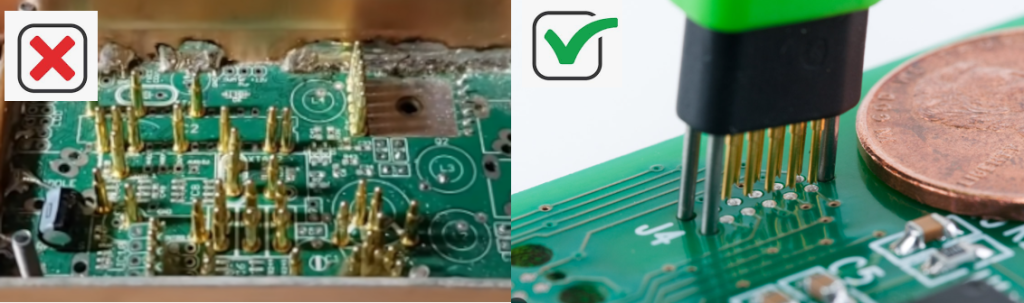Scattered debug pins require a custom jig which is fragile and easily lost. Standard debug connectors are reliable and easy to replace.