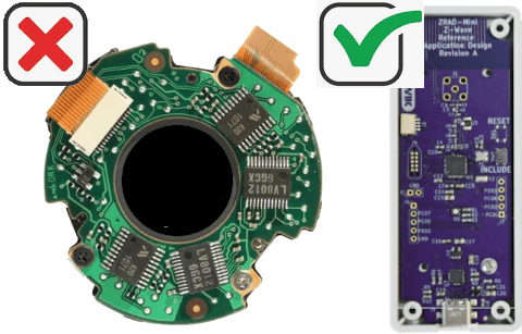 Rectangular PCBs are lower cost for your wireless Z-Wave IoT product. Use two layers instead of 4 and keep most components on one side.